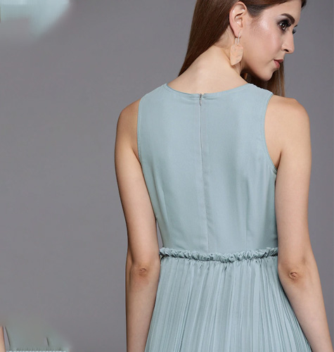 Women Blue Sequin Embroidered Yoke with Accordion Pleated Tiered Dress